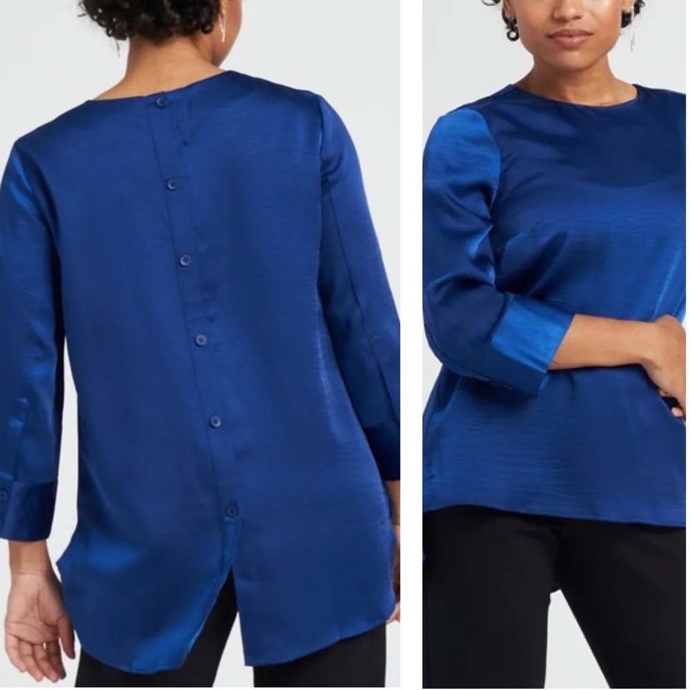 Universal Standard NWT Cobalt Blue Satin High Low‎ Button Detail Tunic Blouse